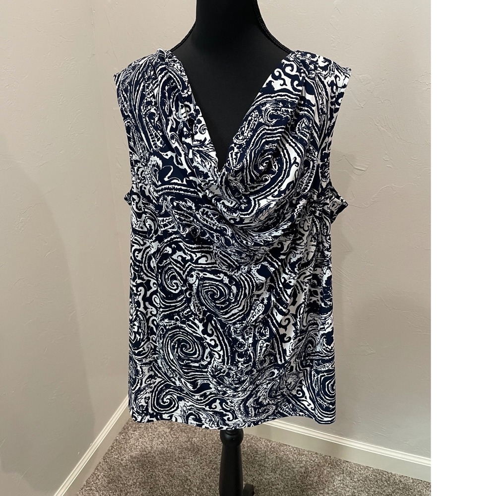 Chaps Navy Blue White Paisley Cowl Neck Sleeveless Top 2X